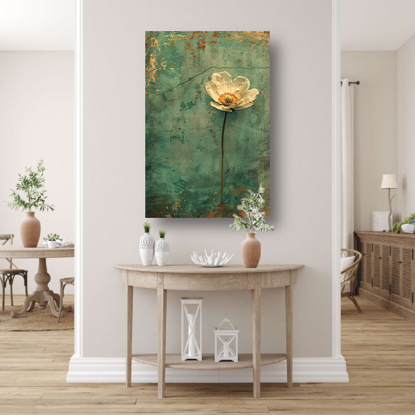 Delicate witte bloem op verweerde achtergrond canvas