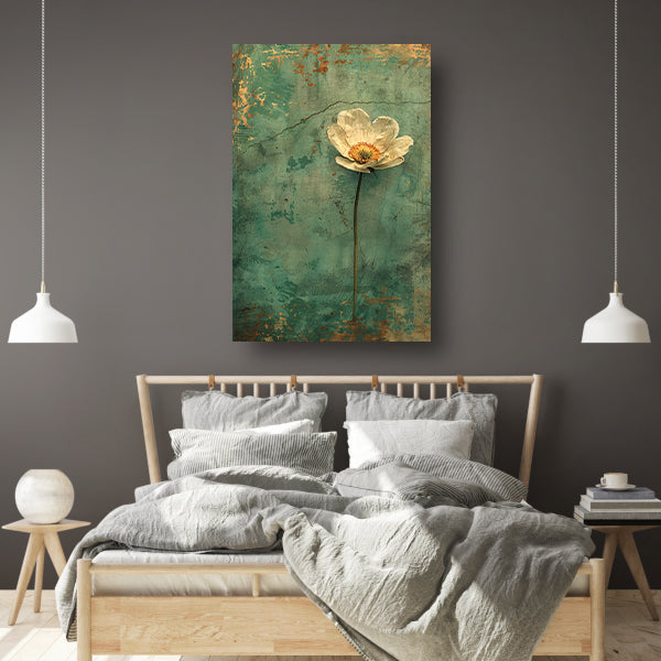 Delicate witte bloem op verweerde achtergrond canvas