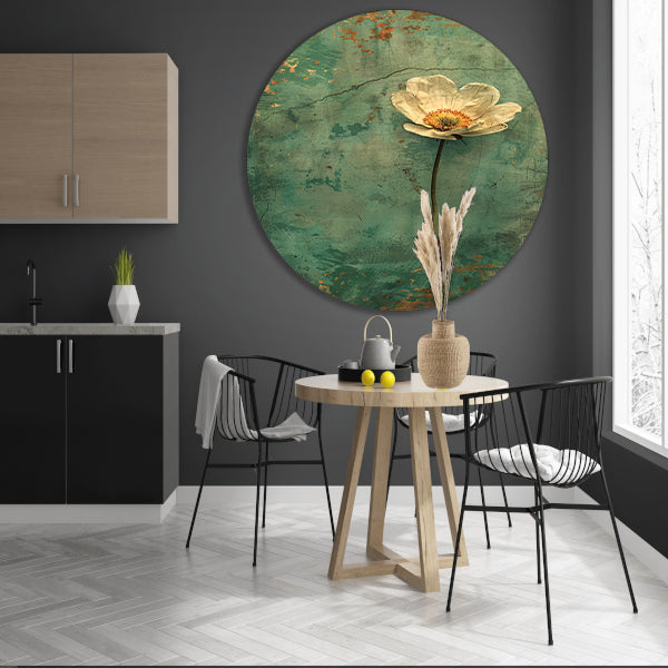 Delicate witte bloem op verweerde achtergrond aluminium muurcirkel