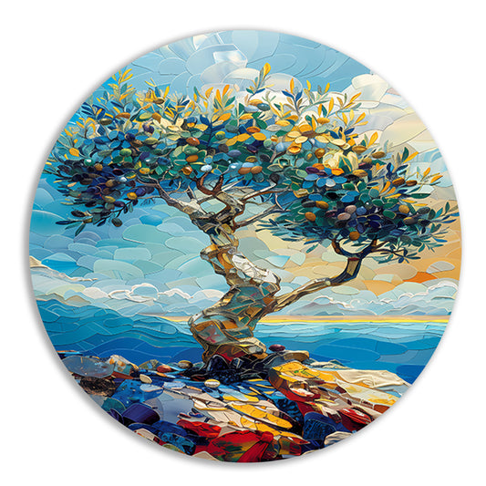 Kleurrijk Olijfboom aan Zee aluminium muurcirkel
