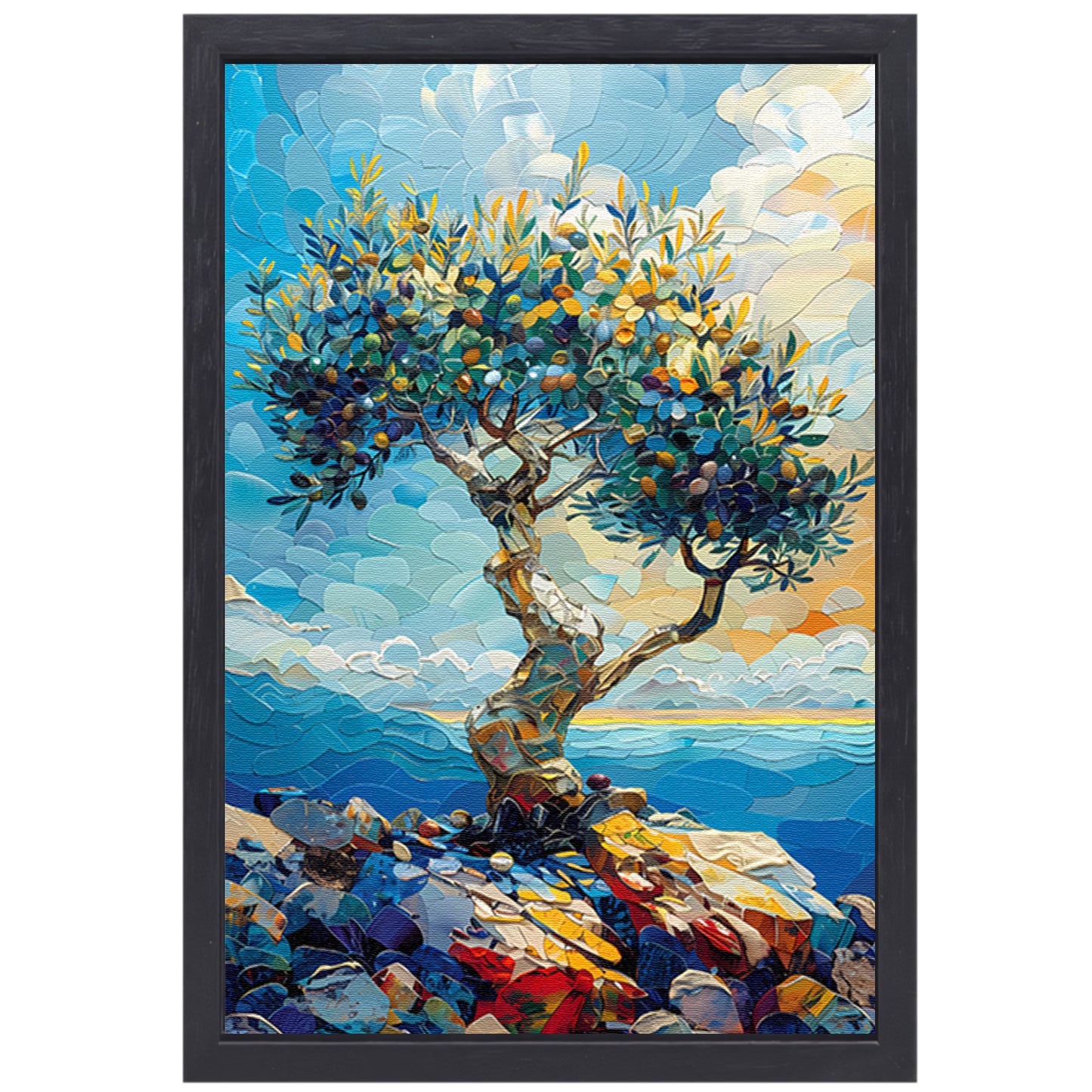 Kleurrijk Olijfboom aan Zee canvas met baklijst