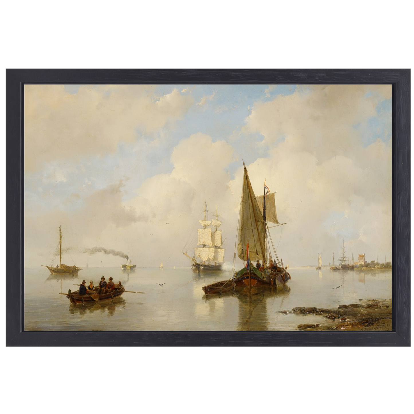 De Zeeuwsche stroomen bij stil weder, in t verschiet eene stoomboot - Andreas Schelfhout canvas met baklijst