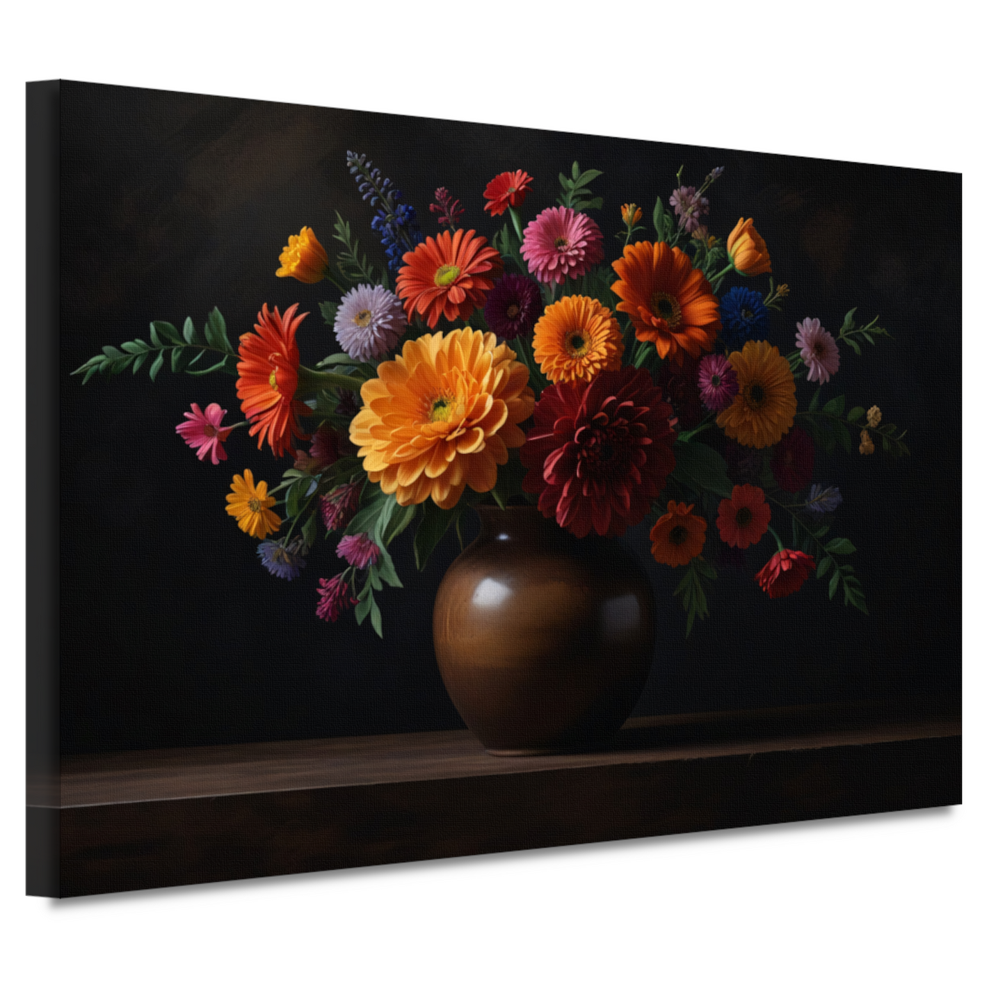 Bruine vaas met levendige bloemenschat canvas