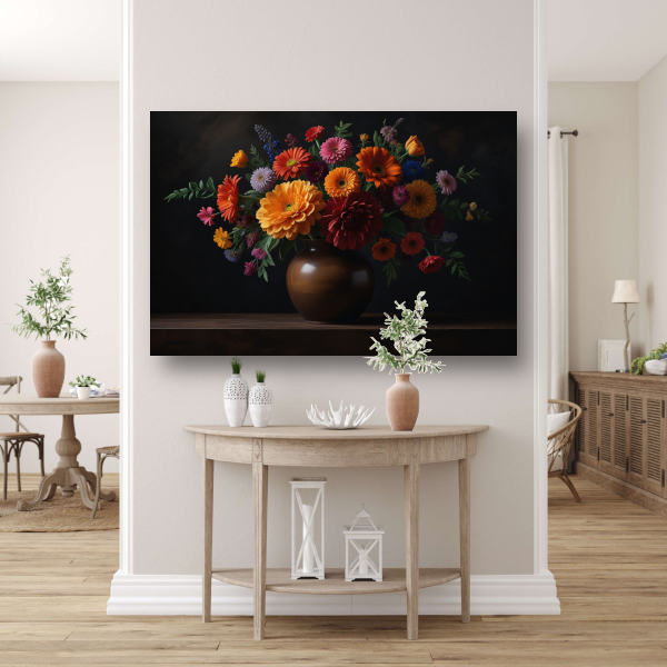 Bruine vaas met levendige bloemenschat acrylglas