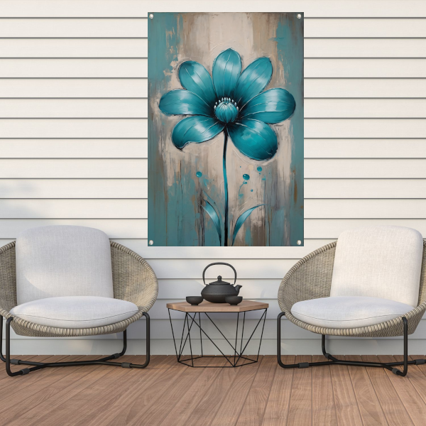 Turquoise Bloem op Beige Abstract Achtergrond tuinposter
