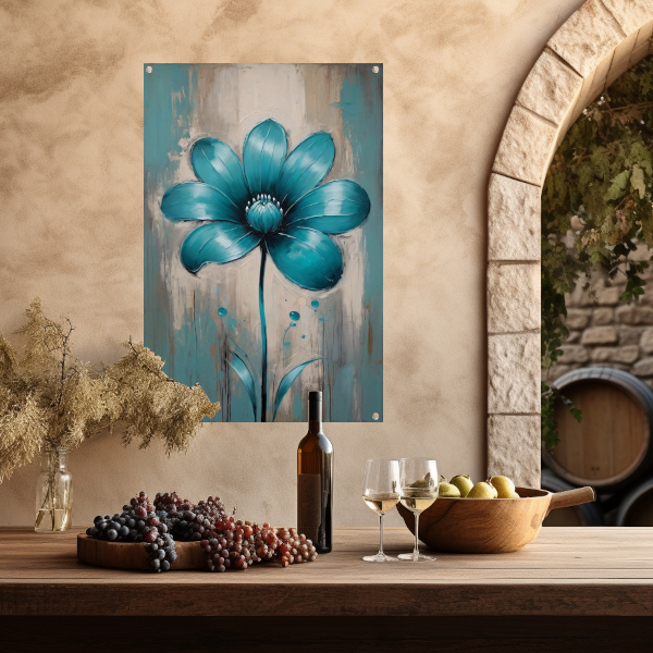 Turquoise Bloem op Beige Abstract Achtergrond tuinposter