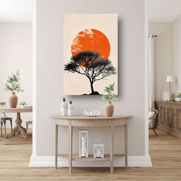 Boom silhouet tegen oranje zonsondergang achtergrond canvas