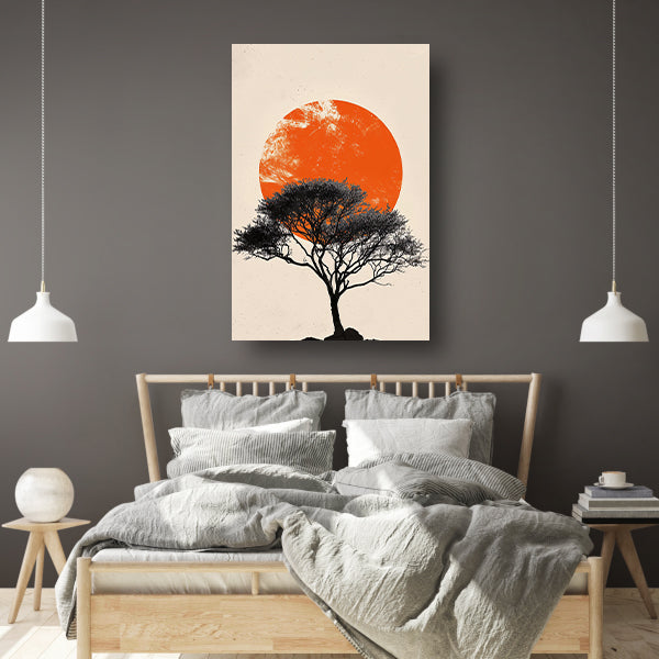 Boom silhouet tegen oranje zonsondergang achtergrond canvas