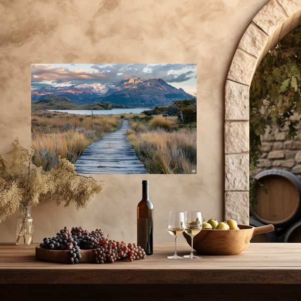 Prachtig Patagonisch landschap met houten pad tuinposter
