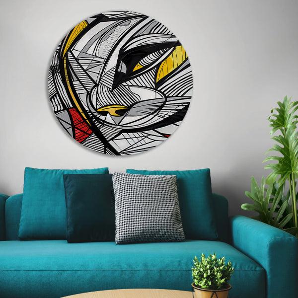 Abstracte lijntekening van een katachtige in kleur aluminium muurcirkel