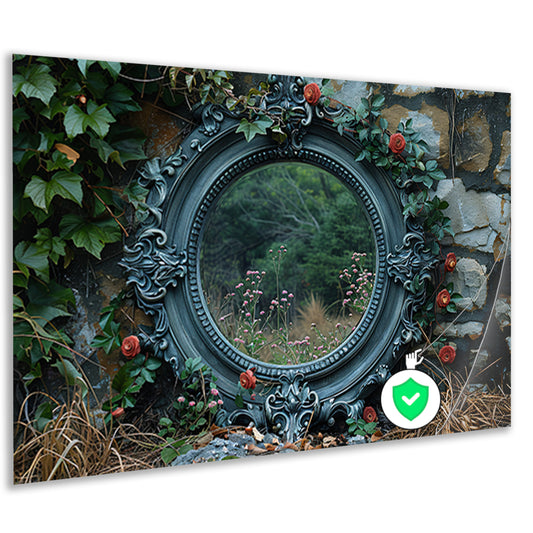 Minimalistisch spiegel met stenen muur poster