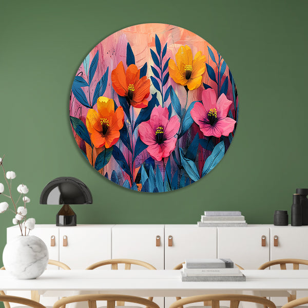 Kleurrijk schilderij van bloemen en bladeren forex muurcirkel