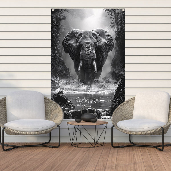 Zwart-wit portret van een olifant in de rivier tuinposter