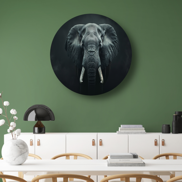 Olifant in het Duister met Slagtanden aluminium muurcirkel