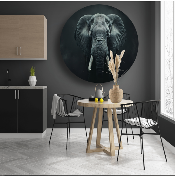 Olifant in het Duister met Slagtanden aluminium muurcirkel