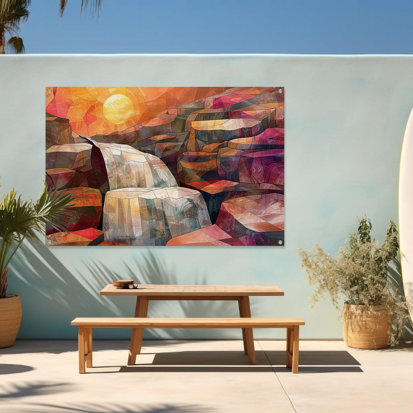 Abstracte schilderij van waterval bij zonsopgang tuinposter