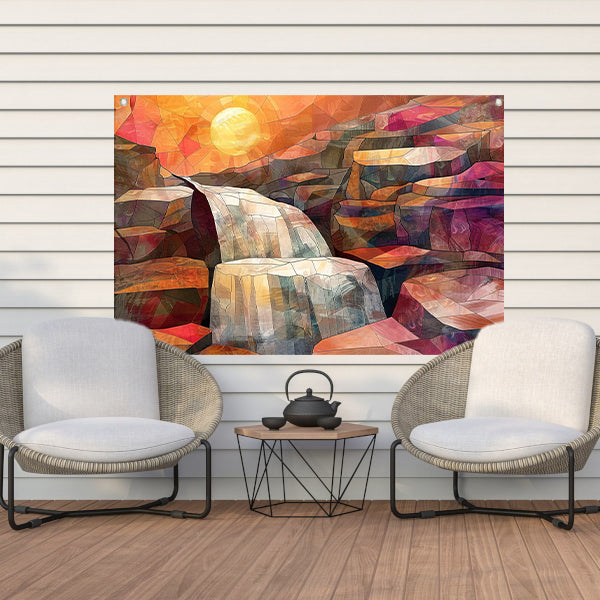 Abstracte schilderij van waterval bij zonsopgang tuinposter