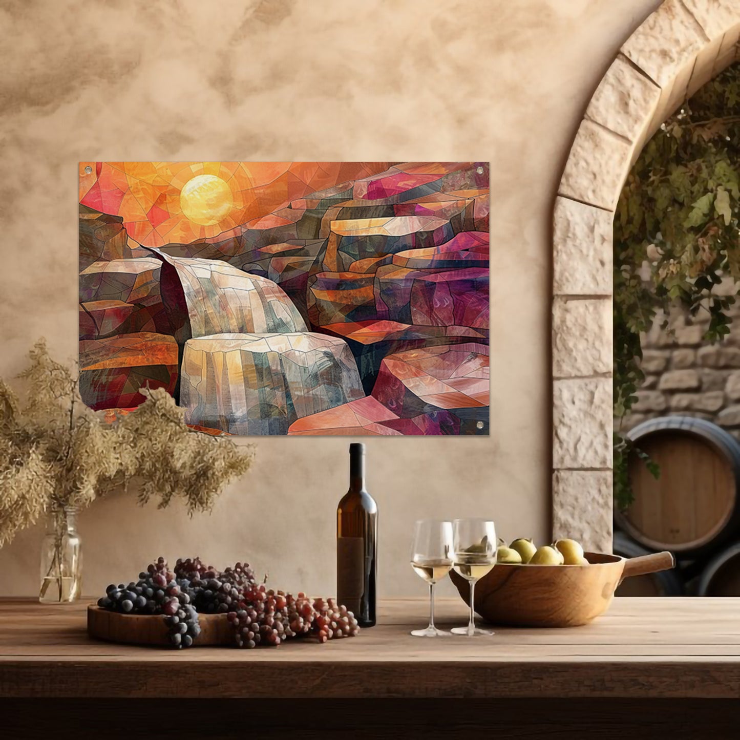 Abstracte schilderij van waterval bij zonsopgang tuinposter