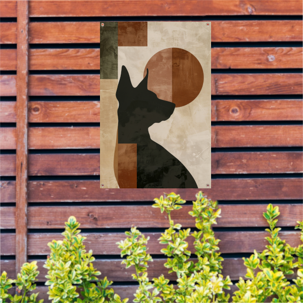 Abstracte hond in geometrische stijl met neutrale kleuren tuinposter