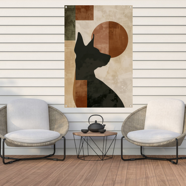 Abstracte hond in geometrische stijl met neutrale kleuren tuinposter