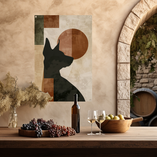 Abstracte hond in geometrische stijl met neutrale kleuren tuinposter