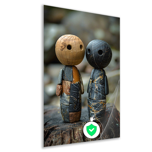 Twee Stenen Figuren op Boomstronk poster