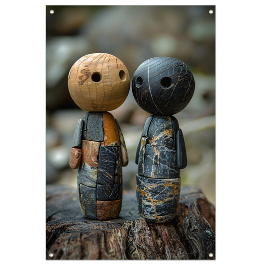 Twee Stenen Figuren op Boomstronk tuinposter