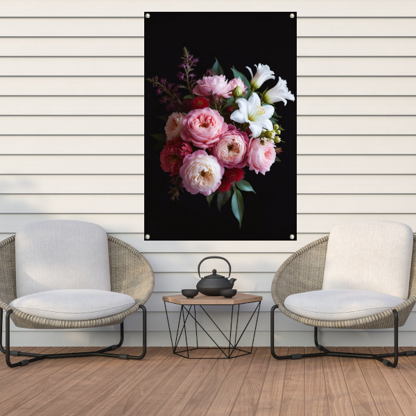 Gevarieerd bloemenboeket tegen donkere achtergrond tuinposter