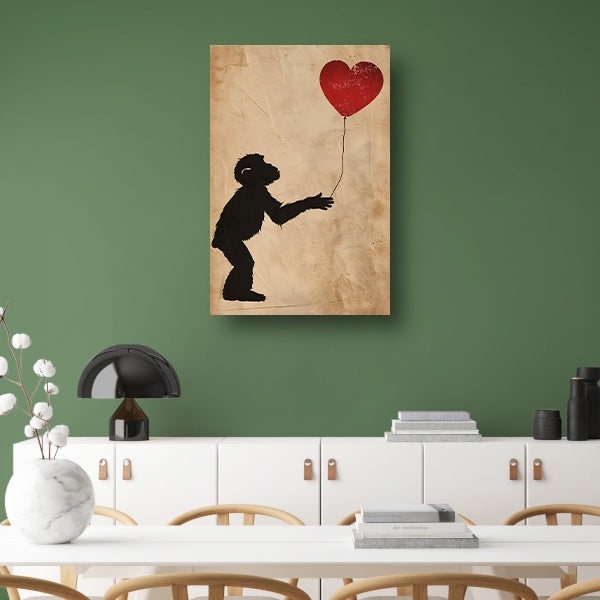 Silhouet van een aap met hartvormige ballon poster