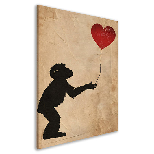 Silhouet van een aap met hartvormige ballon canvas