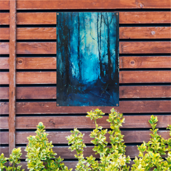 Abstract blauw bos in dynamische penseelstreken tuinposter