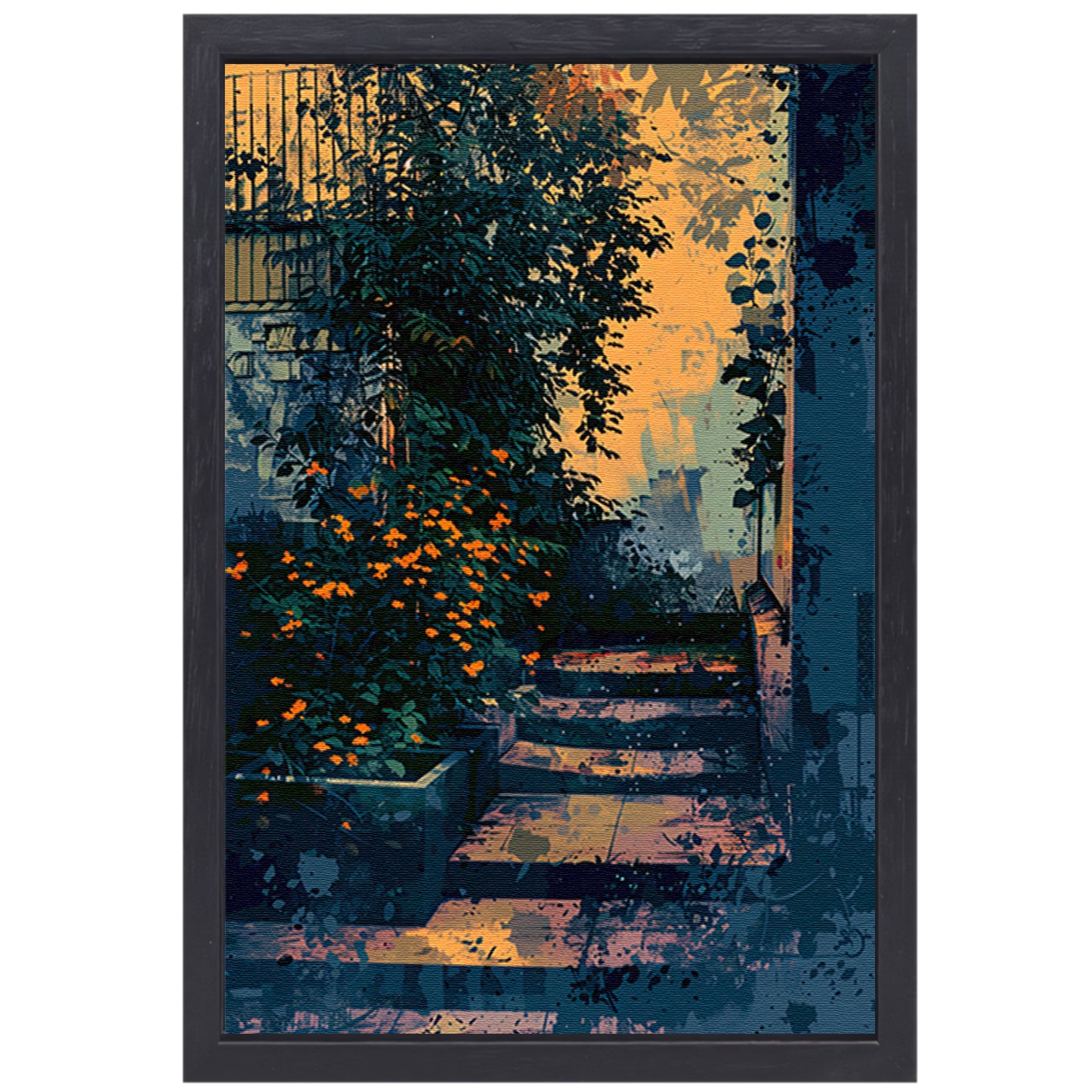Serene tuin bij zonsondergang, digitale kunst canvas met baklijst