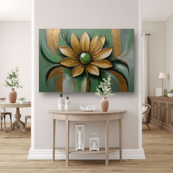 Gouden Bloem op Groene Achtergrond canvas