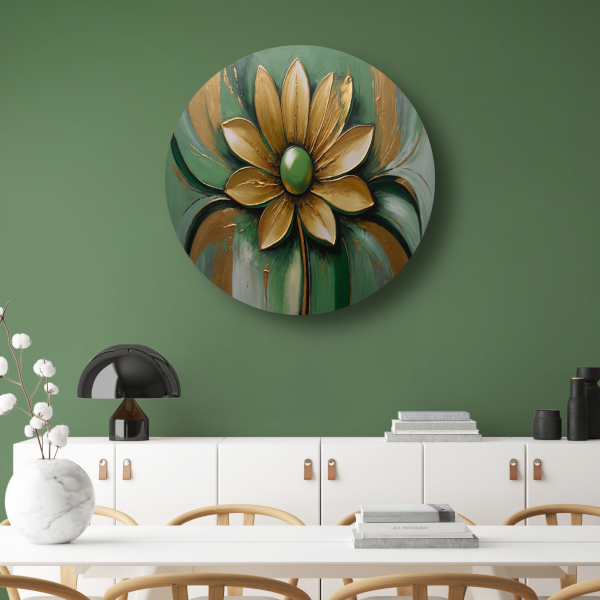 Gouden Bloem op Groene Achtergrond aluminium muurcirkel