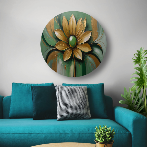 Gouden Bloem op Groene Achtergrond aluminium muurcirkel