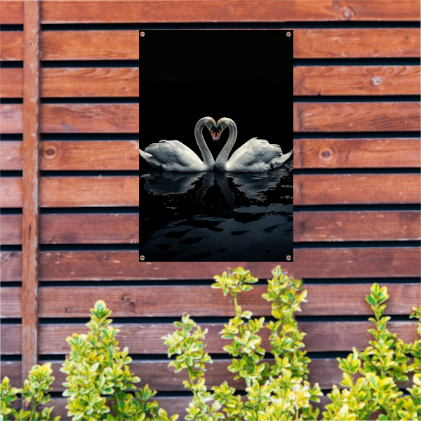 Twee zwanen in donkere reflectie tuinposter
