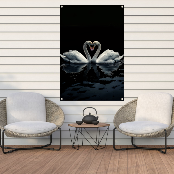 Twee zwanen in donkere reflectie tuinposter