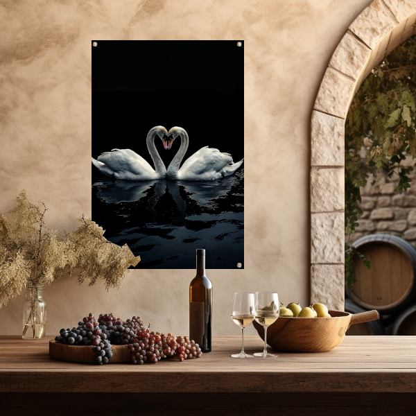 Twee zwanen in donkere reflectie tuinposter