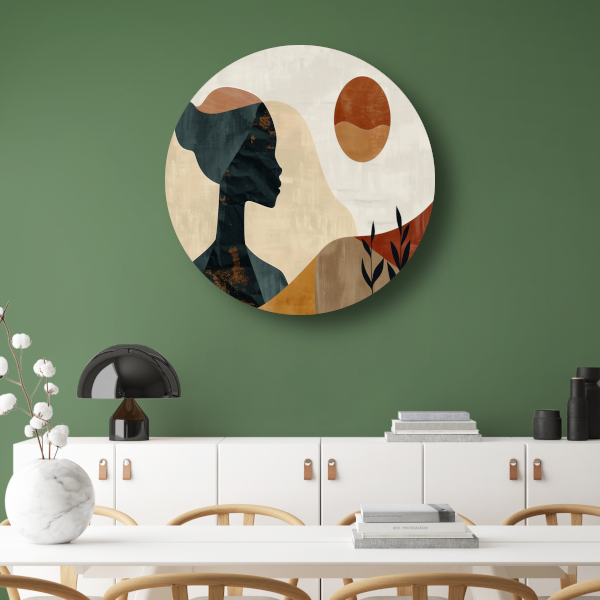 Abstract silhouet van een vrouw met natuurlijke kleuren aluminium muurcirkel