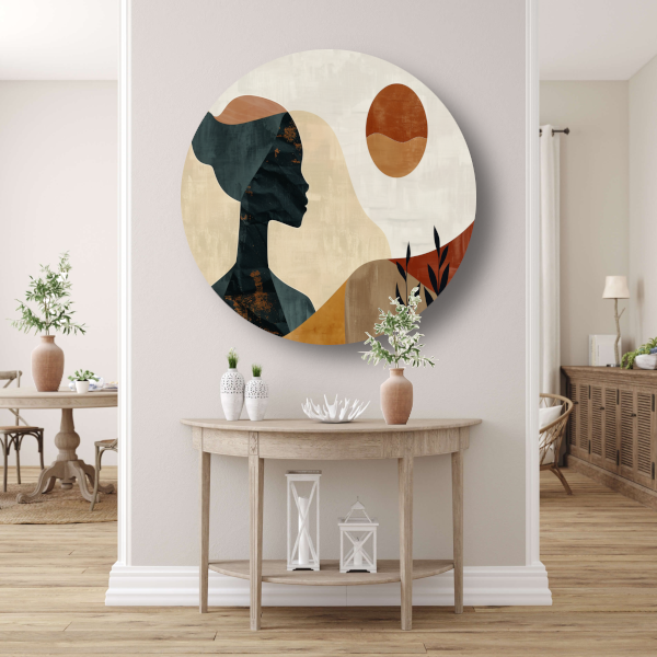 Abstract silhouet van een vrouw met natuurlijke kleuren aluminium muurcirkel