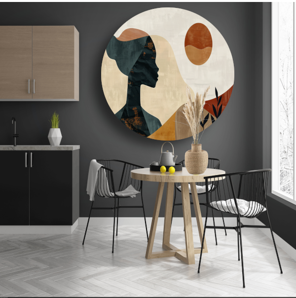 Abstract silhouet van een vrouw met natuurlijke kleuren aluminium muurcirkel