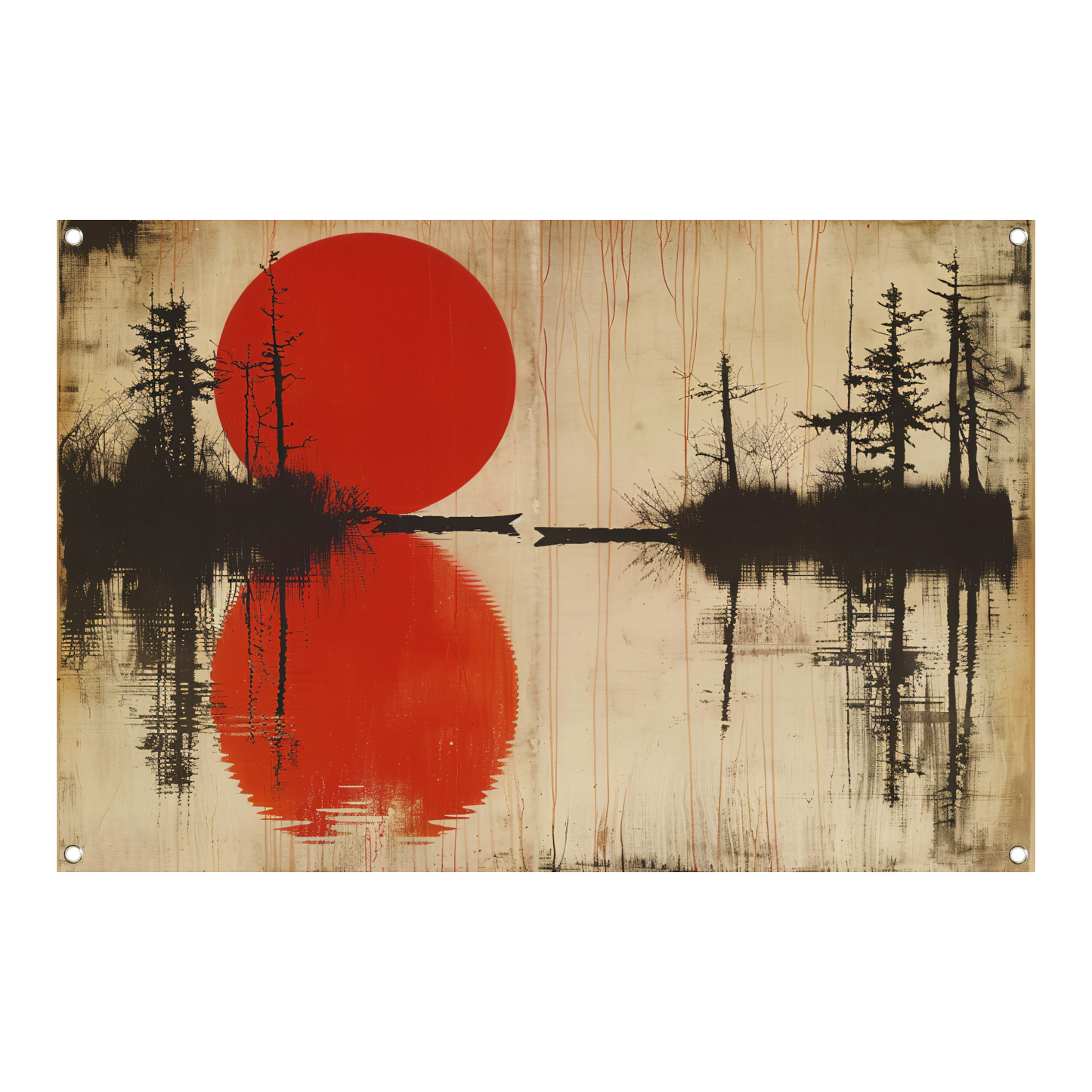 Abstracte rode zon boven water met bomen tuinposter