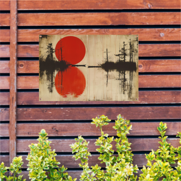 Abstracte rode zon boven water met bomen tuinposter