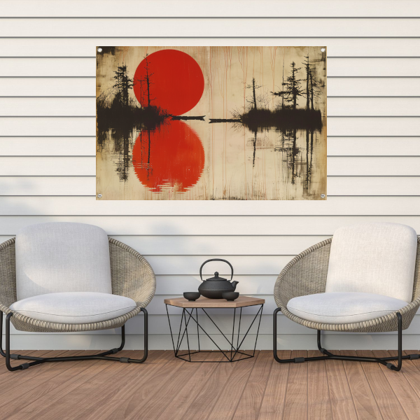 Abstracte rode zon boven water met bomen tuinposter
