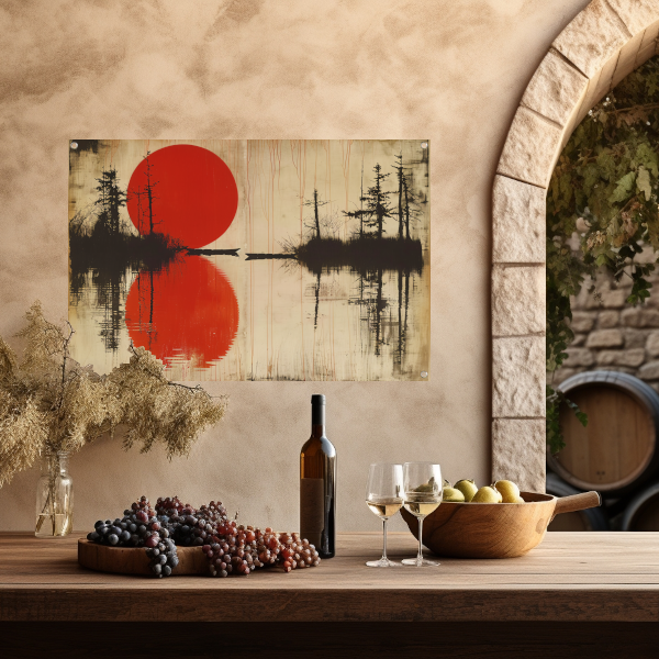 Abstracte rode zon boven water met bomen tuinposter
