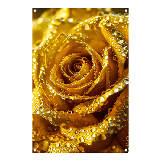Gouden roos met schitterende waterdruppels in detail tuinposter