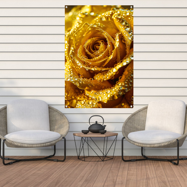 Gouden roos met schitterende waterdruppels in detail tuinposter