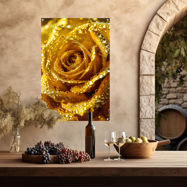 Gouden roos met schitterende waterdruppels in detail tuinposter