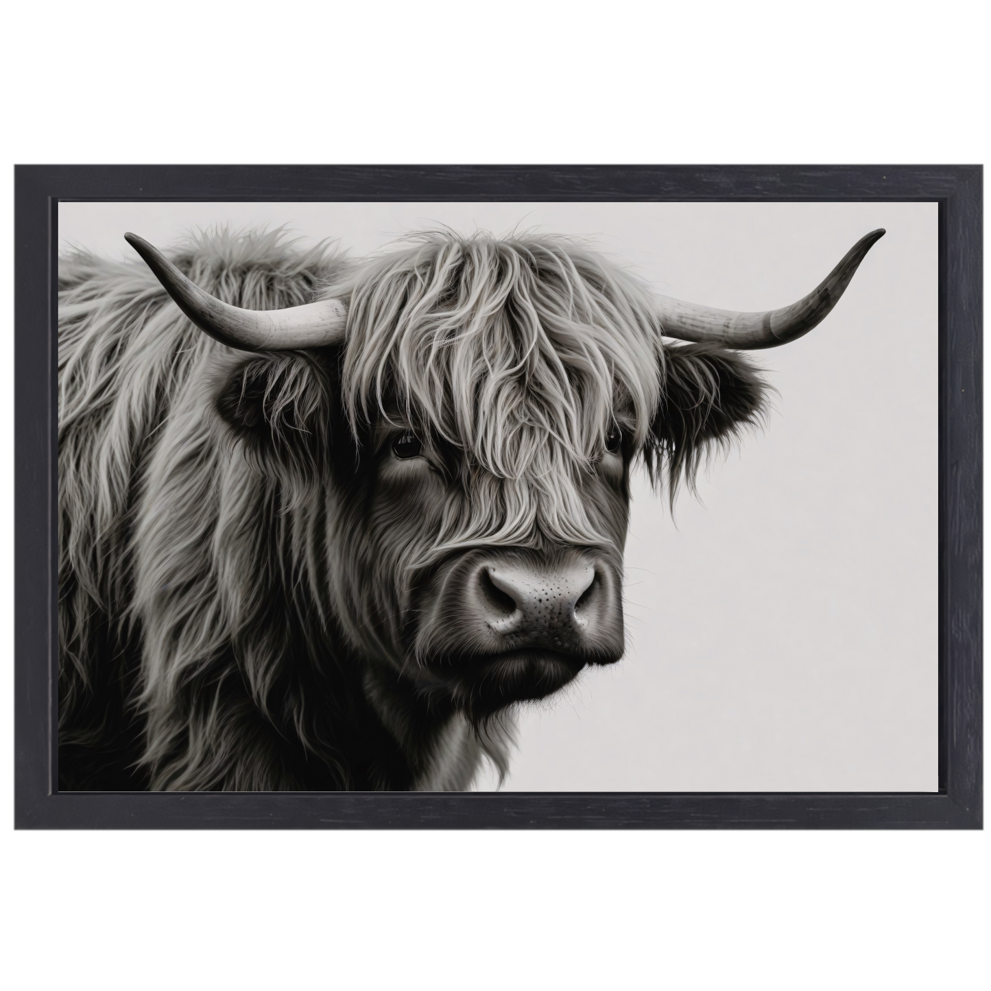 Minimalistische Schotse Hooglander in Zwart-Wit canvas met baklijst