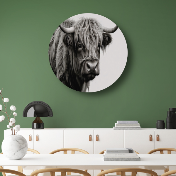 Minimalistische Schotse Hooglander in Zwart-Wit aluminium muurcirkel